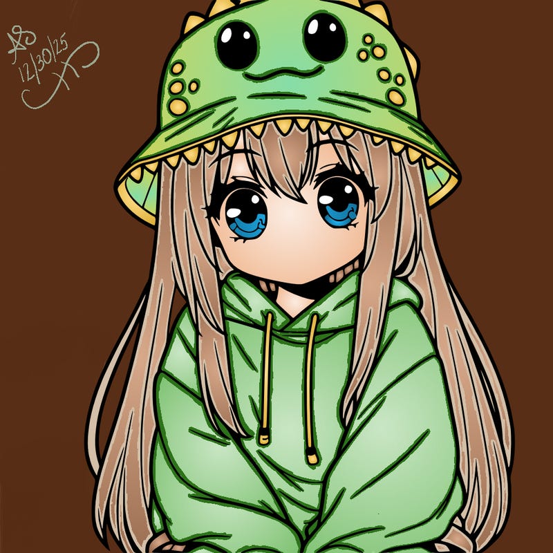 girl with anime shaped eyes with a dinosaur bucket hat oversized sweatshirt long straight hair