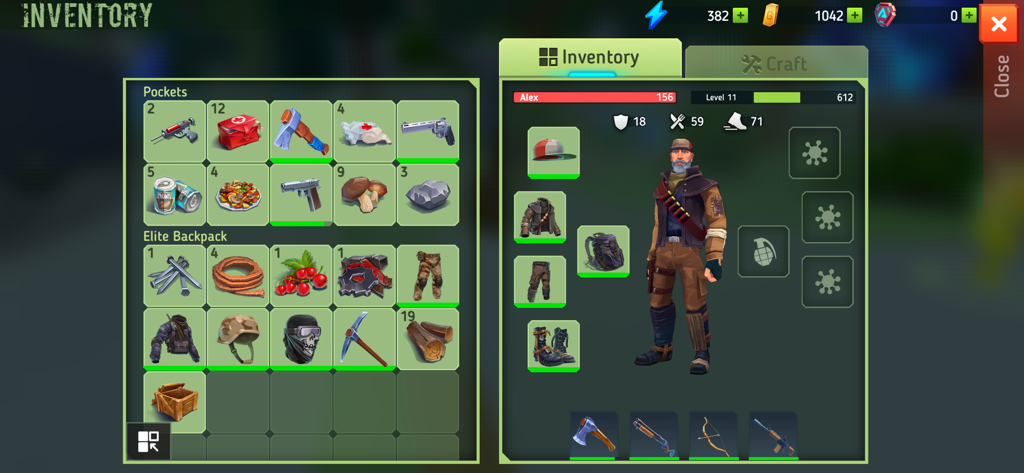 TEGRA: Zombie survival island - Pantalla de inventario del personaje que muestra objetos, equipo y vestimenta en Tegra Zombie Survival Island