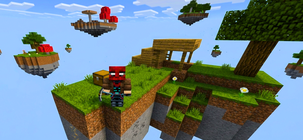 One Block : Maps for Minecraft - A Minecraft character standing on a floating island in a One Block skyblock world