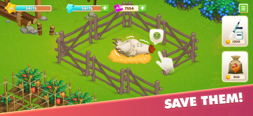 Family Journey: Island Life - A sick chicken in a wooden pen on a family farm with a prompt to save it in Family Journey Island Life