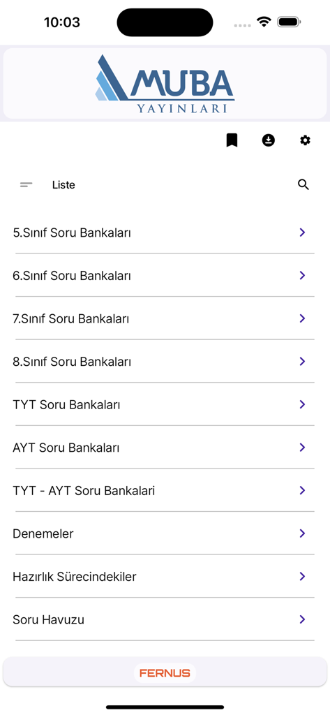 MUBA Video Çözüm - Main menu of MUBA Video Cozum app showing a list of Turkish educational question banks and exam preparation categories.