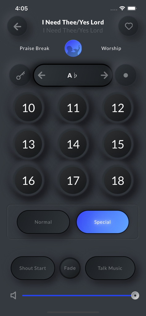Interface de l'application mobile Whoop Triggerz Plus présentant des pads de musique gospel numérotés et des boutons de contrôle de service religieux.