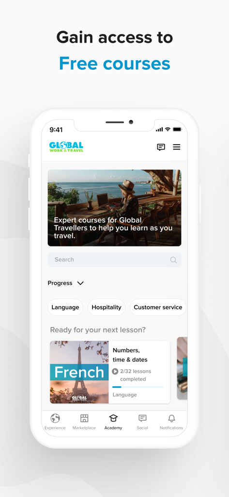 App Global Work and Travel que muestra la pantalla de Academia con cursos gratuitos en idiomas, hostelería y servicio al cliente