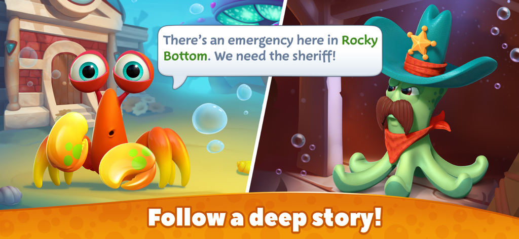 Undersea Solitaire Tripeaks - Two undersea cartoon characters a crab and a sheriff octopus in a dialogue scene from the game