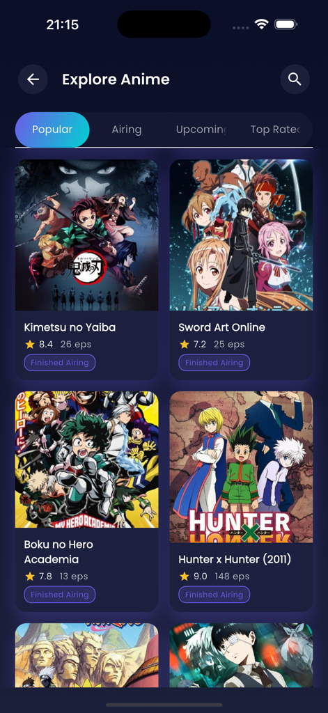 Anime slayer Tv - Pantalla de exploración de Anime Slayer Tv que muestra series populares, incluyendo Demon Slayer y Hunter x Hunter