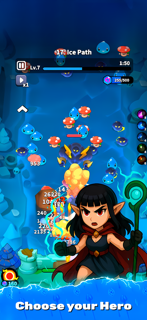 Archmagic Survivors TD - A female mage hero battling monsters in Archmagic Survivors TD gameplay