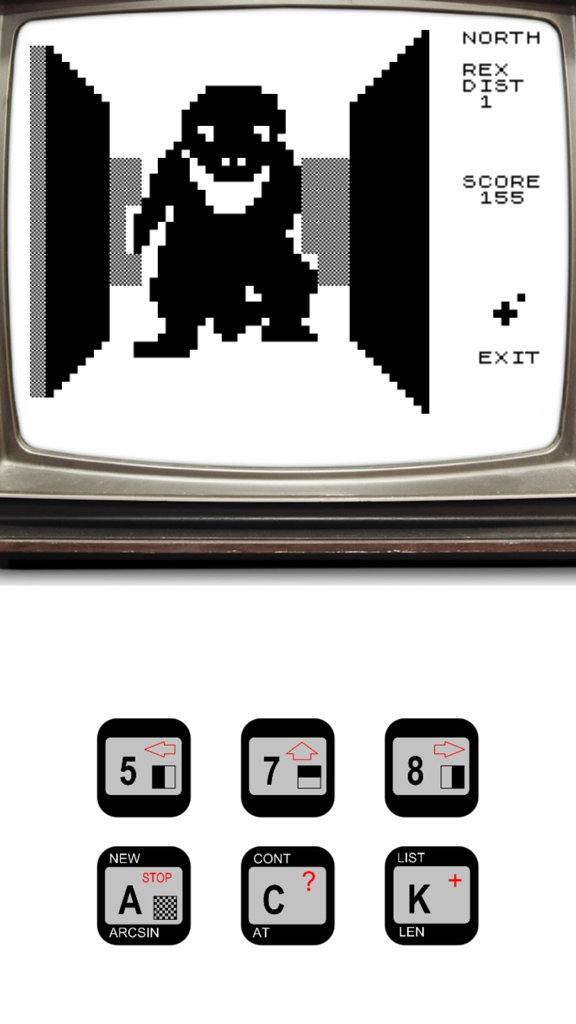 3D Monster Maze - Retro 3D Monster Maze gameplay screen showing a blocky T-Rex in a black and white maze with vintage controls