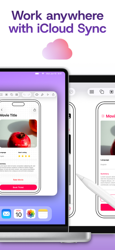 Mockup UI UX design app demonstrating project synchronization between an iPad and Mac using iCloud Sync.