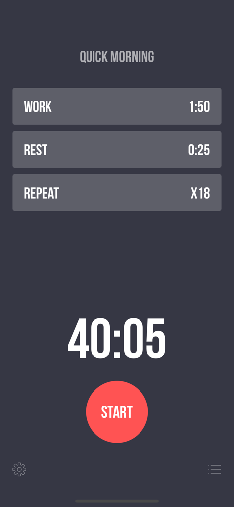 Interval Timer Plus workout configuration screen showing work rest and repeat settings with a start button