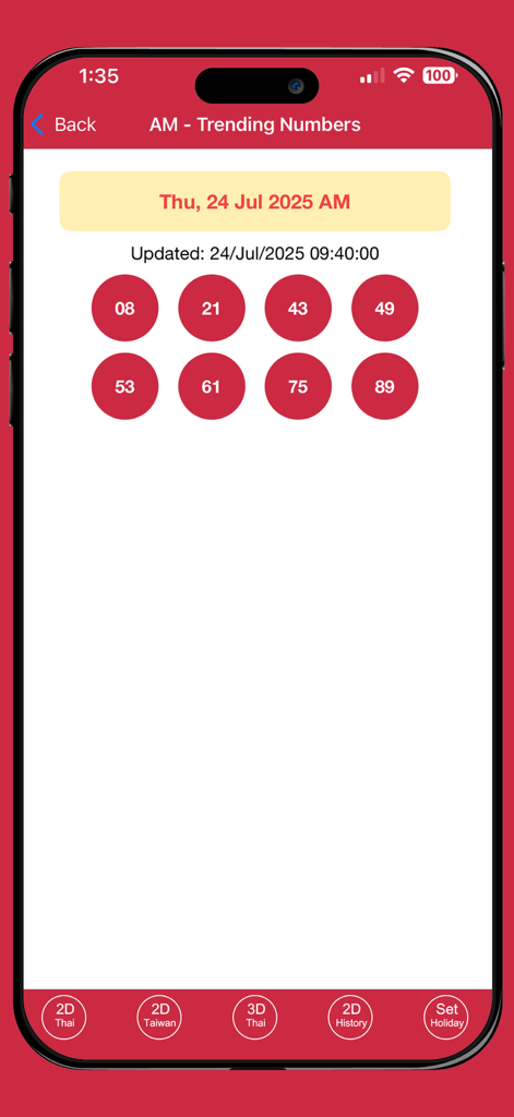 Duck 2D 3D - Pantalla de números de tendencia de la aplicación Duck 2D 3D mostrando los resultados diarios de la lotería.