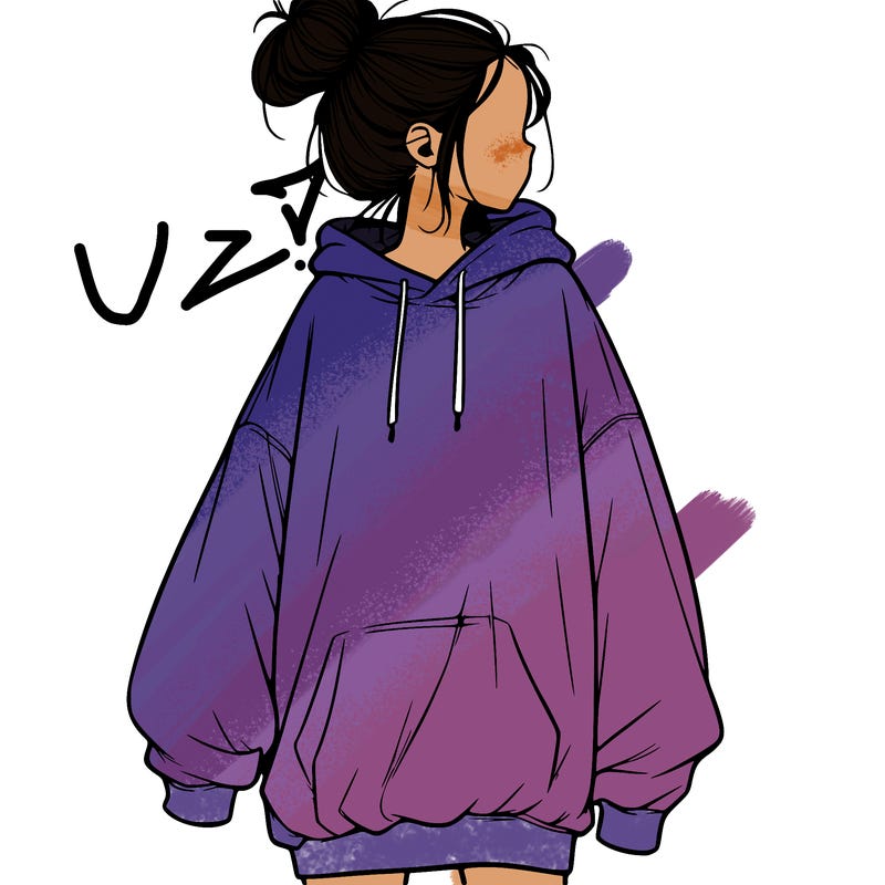 realistic girl with a oversized sweatshirt on and a bun