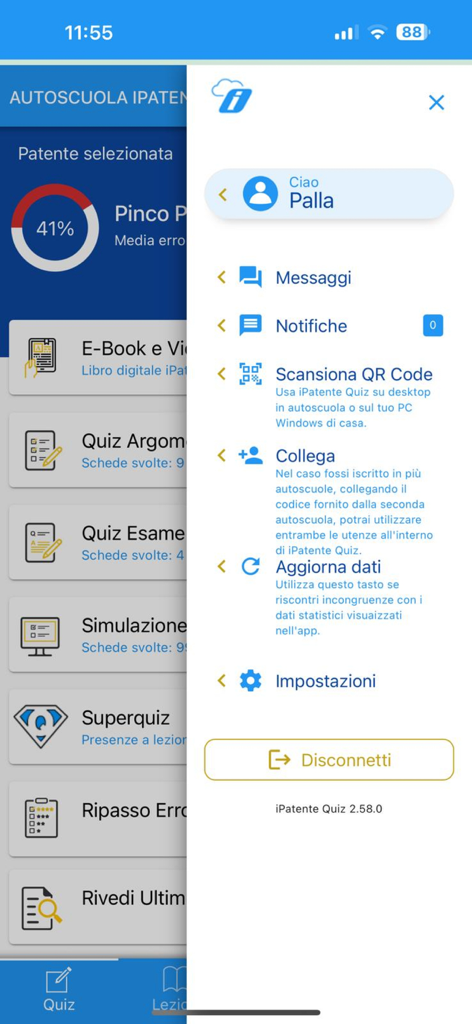Seitenmenü der iPatente Quiz App mit Benutzereinstellungen und Profiloptionen