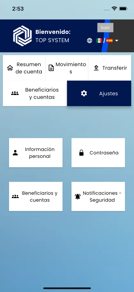 Central Pay - Central Pay mobile app dashboard showing the settings menu with account and security options in Spanish