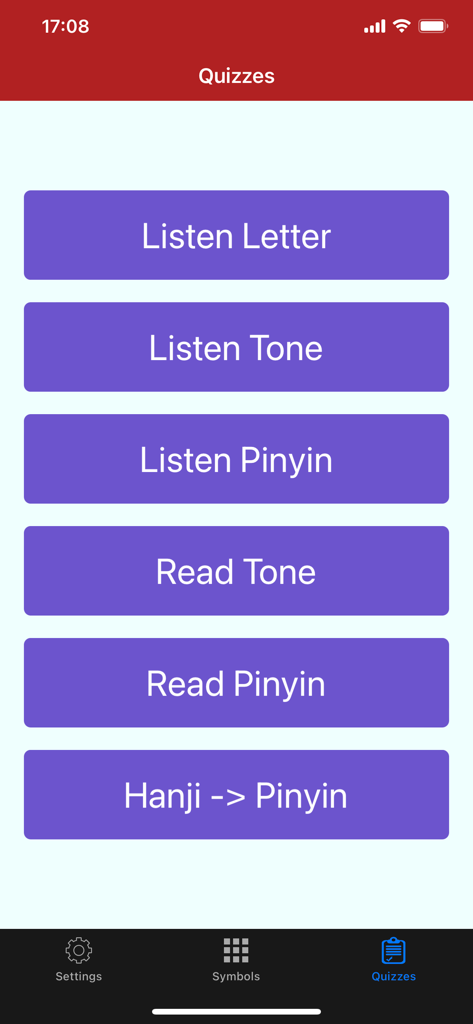 A list of quiz options in the Chinese Pinyin app including listening and reading tests for tones and Pinyin