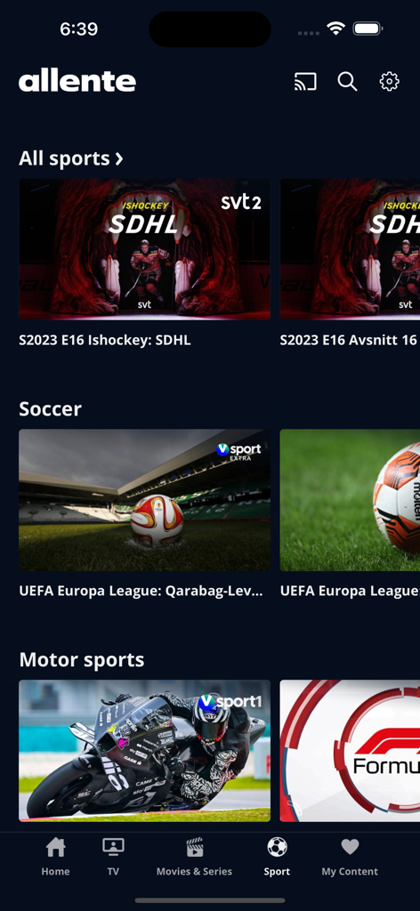 Page sportive de l'application Allente affichant du contenu sur le football et les sports mécaniques
