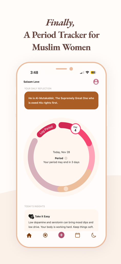 Ayda period tracker app interface for Muslim women showing menstrual cycle and daily spiritual reflection