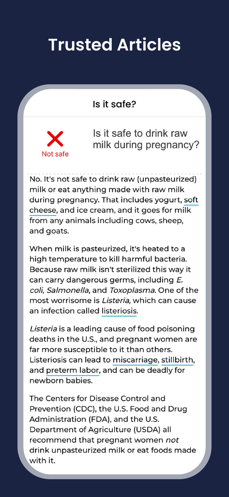 BabyCenter Track Pregnancy App - A medical article in the BabyCenter app titled Is it safe explaining the risks of drinking raw milk during pregnancy