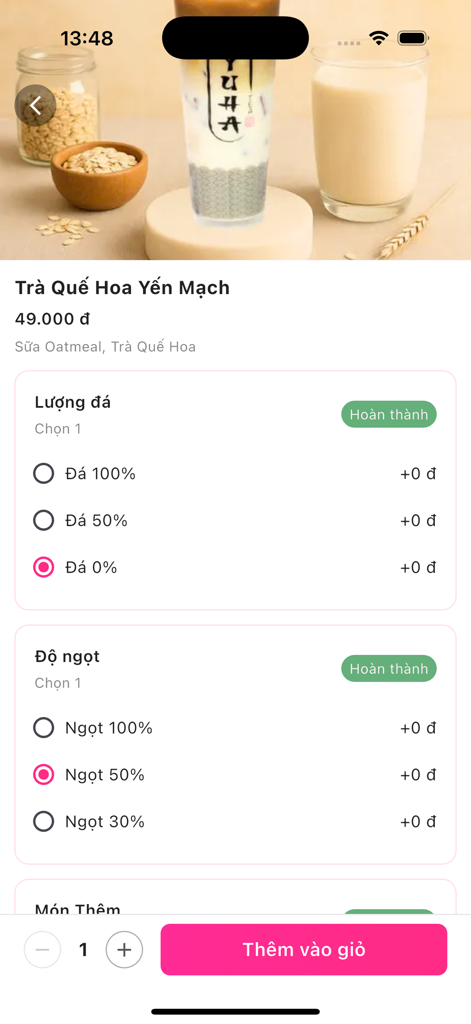 Interfaz de la aplicación Yoosay para personalizar pedidos de bebidas con preferencias de hielo y dulzura.