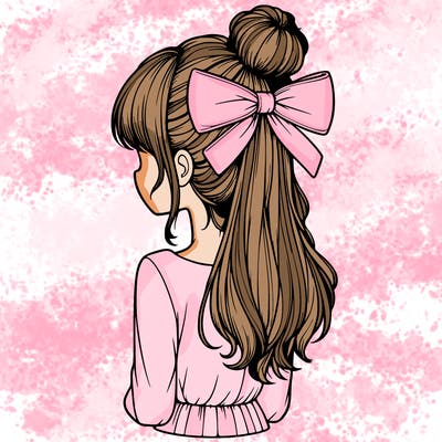 realistic girl  with hip length hair a bun and a big bow on the back of head