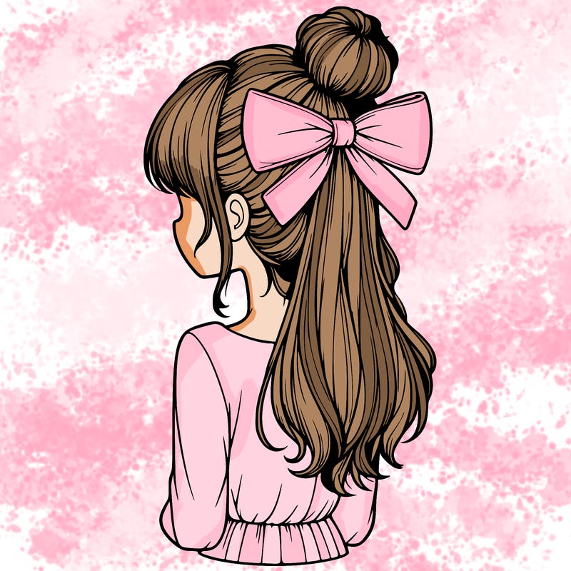 realistic girl  with hip length hair a bun and a big bow on the back of head