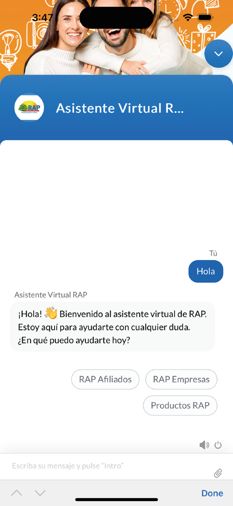 RAP App - Interface do chat do assistente virtual do aplicativo RAP com opções para membros e empresas