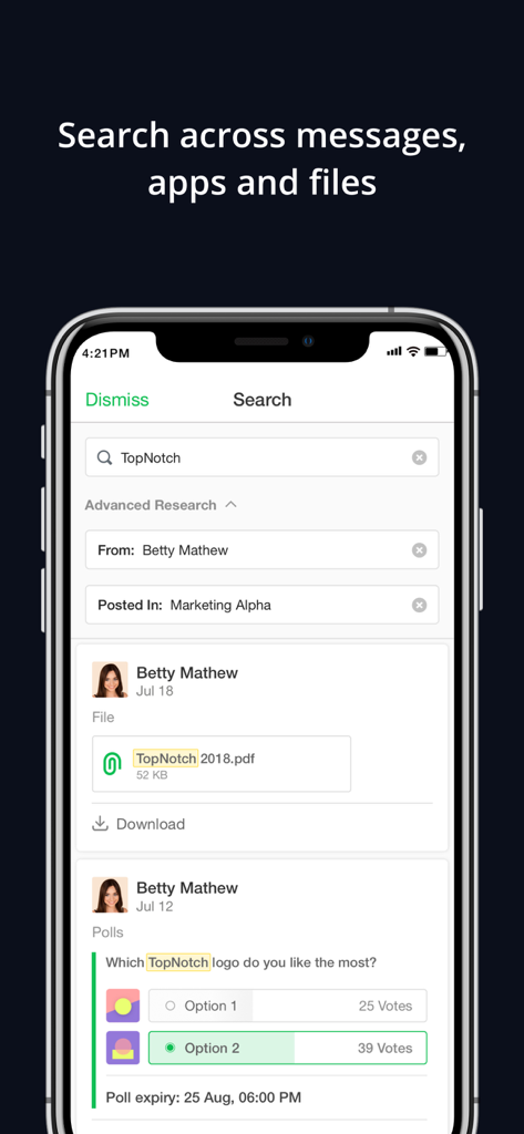 Flock: Team Communication App - Flock team communication app search interface displaying messages files and polls