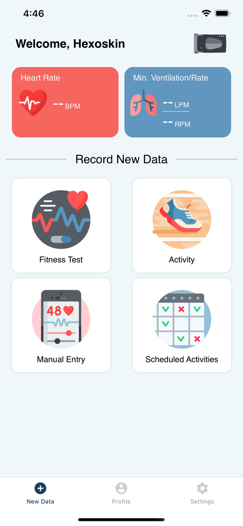 Hexoskin mobile app dashboard showing real-time heart rate and respiratory monitoring with activity recording options