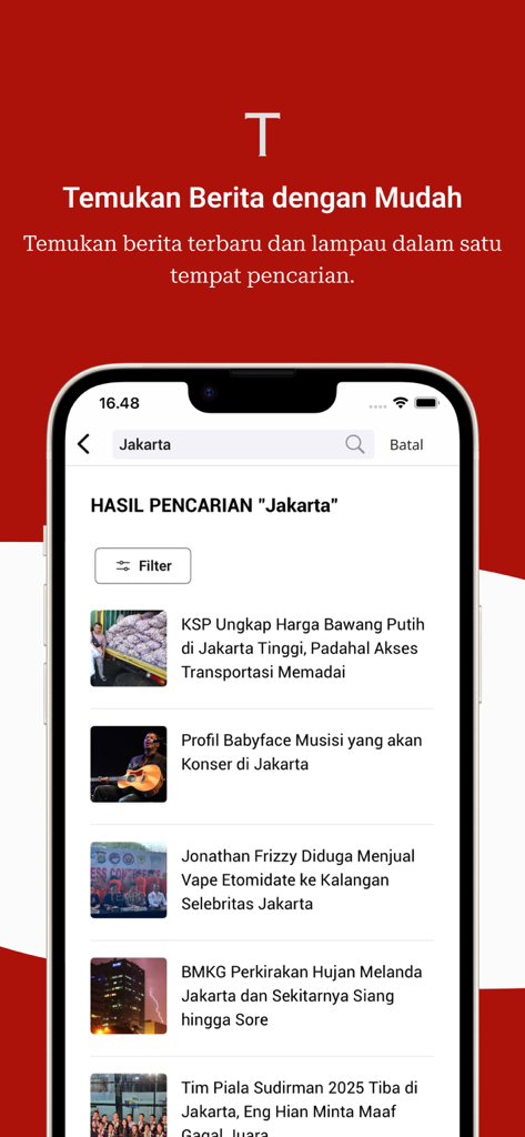 TEMPO - La pantalla de resultados de búsqueda de la aplicación TEMPO mostrando artículos de noticias de Indonesia para la palabra clave Yakarta.