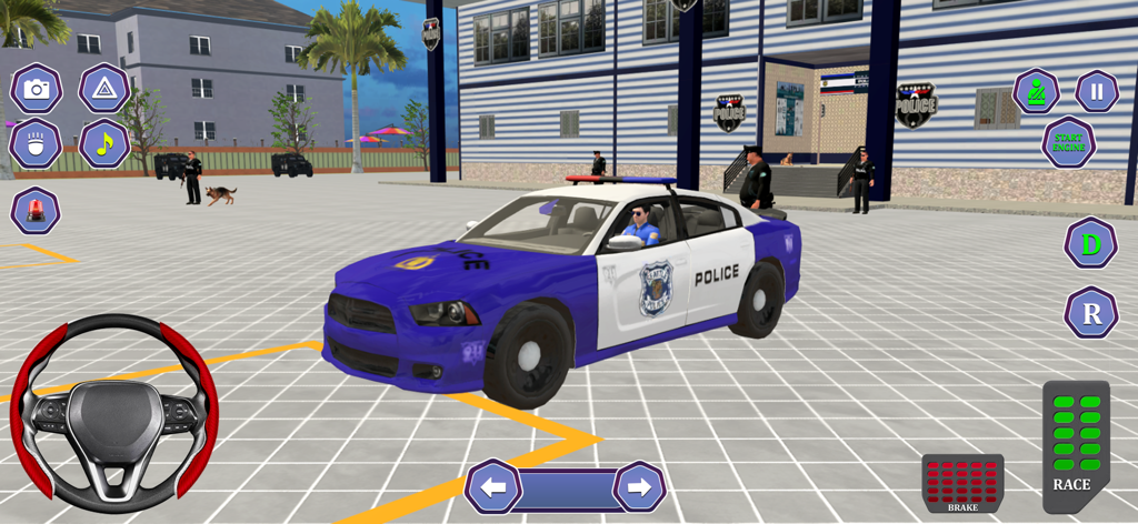 A blue and white police car parked in front of a police station in a 3D driving simulator game