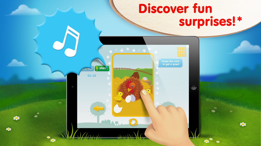 ABC Bingo Song for Kids: learn alphabet and phonics with karaoke nursery rhymes - A child interacting with farm animal cards on an iPad in the ABC Bingo Song app.