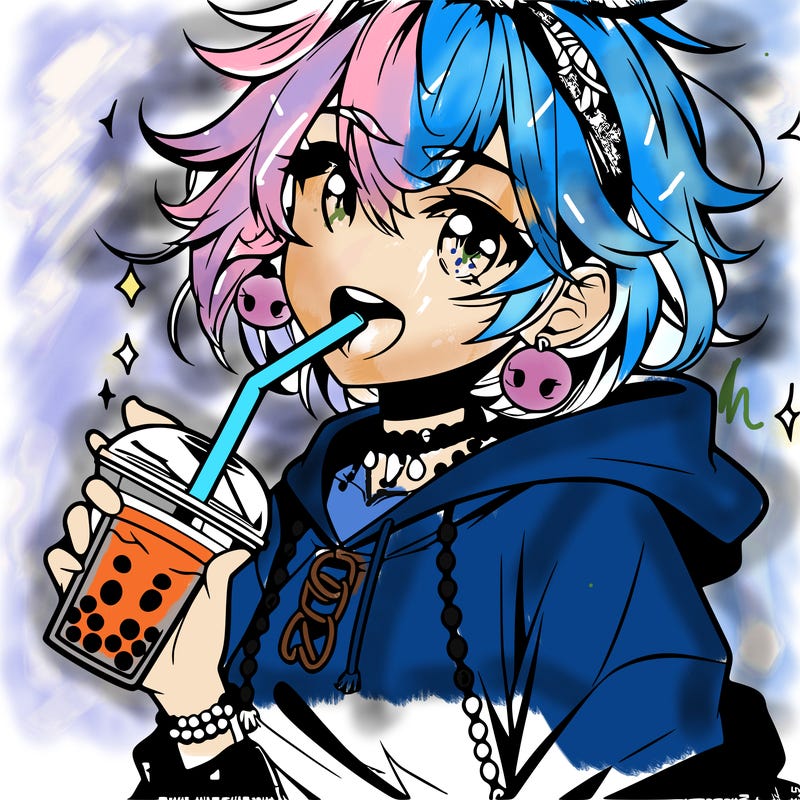 hot baddie anime girl drinking boba and biting the straw