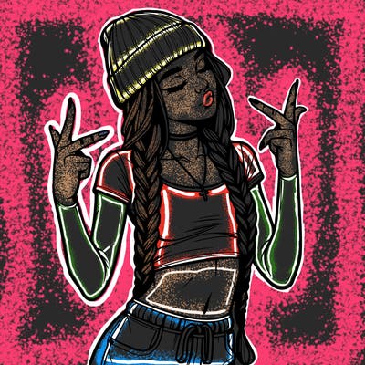realistic teenage girl with braids and a beanie and crop top doing 🫶🏼