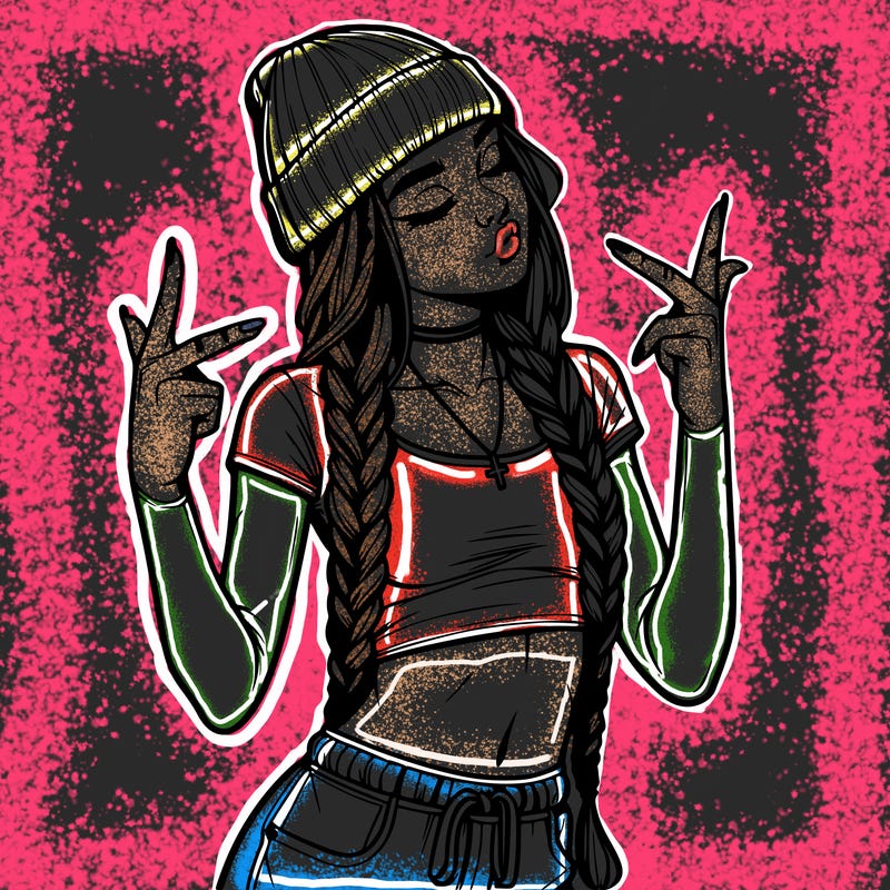 realistic teenage girl with braids and a beanie and crop top doing 🫶🏼