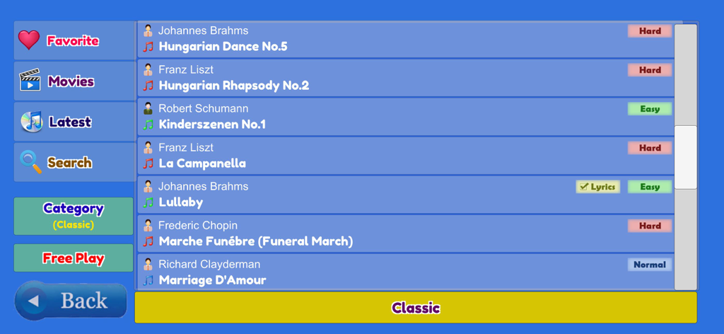 Piano Music & Songs - A menu screen from the Piano Music and Songs app displaying a list of classical piano pieces with their difficulty levels and artist names.