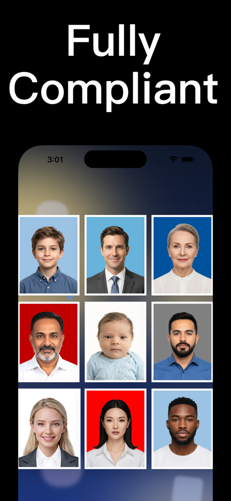 Passport Photo · ID Photo App - 다양한 배경색의 아기, 성인, 노인용 규정을 준수하는 여권 및 신분증 사진 그리드 표시