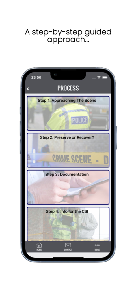 Crime Scene Assistant - Pantalla de la aplicación Asistente de Escena del Crimen que muestra una guía de cuatro pasos para el abordaje de escenas del crimen y la documentación de evidencia.
