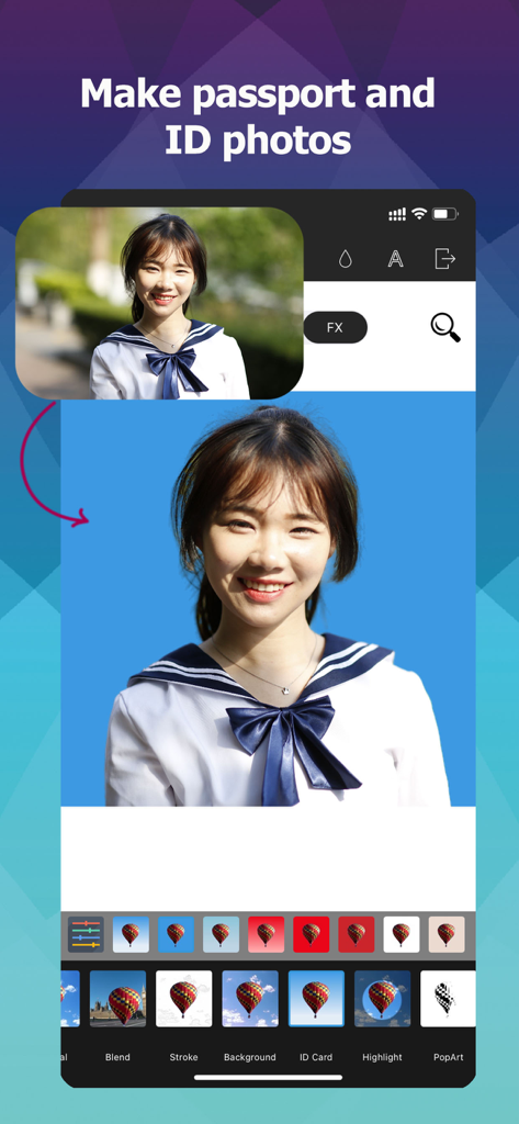 Photo Cut Out Editor - Mobile app interface showing how to create professional passport and ID photos with background removal