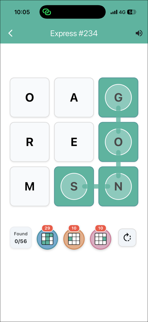 Squaredle - Squaredle mobile App-Gameplay, das das Express 3x3 Buchstabenraster mit einem verbundenen Wortpfad zeigt