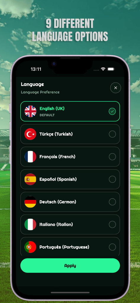BETTIPS mobile app screenshot showing nine different language preference options for users