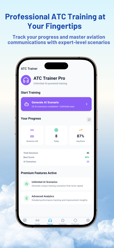 ATC Air Traffic Control - ATC Trainer dashboard displaying AI-powered scenarios and aviation communication progress tracking