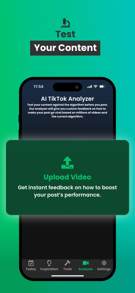 TrendTok Analytics & Tracker - Captura de pantalla de la aplicación TrendTok que presenta el Analizador de IA de TikTok para probar contenido de video antes de publicarlo, con comentarios sobre el crecimiento viral.