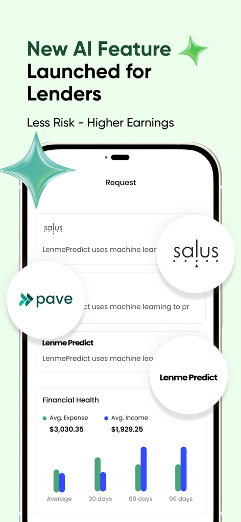 Lenme app interface showcasing the LenmePredict AI feature for lenders with financial health charts and risk assessment tools