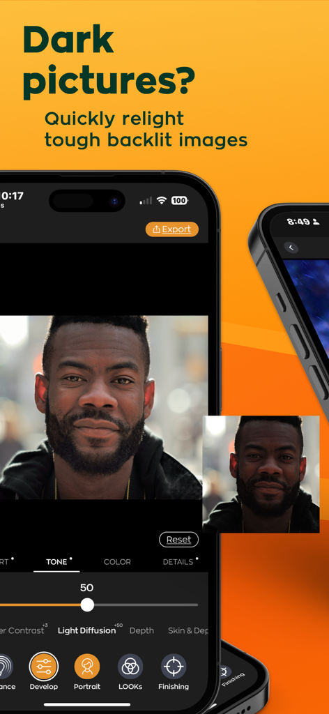 Radiant: AI Photo&Video Editor - Radiant AI photo editor relighting a dark backlit portrait to enhance detail and exposure