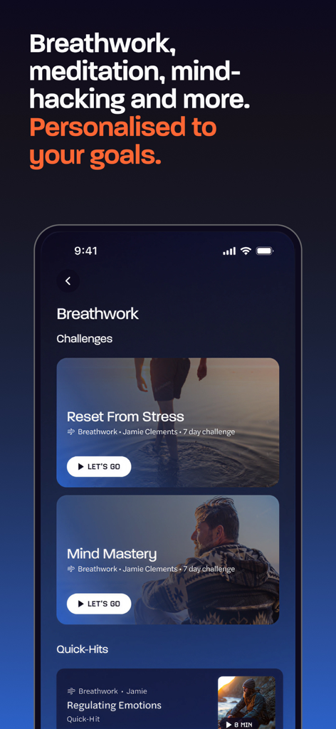 Mettle: Mental Fitness for Men - Smartphone-Bildschirm zeigt Atemübungs-Herausforderungen in der Mettle mentalen Fitness App für Männer