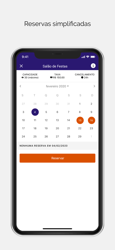 Rescon - Smartphone screen displaying the Rescon app calendar for booking a community party room.