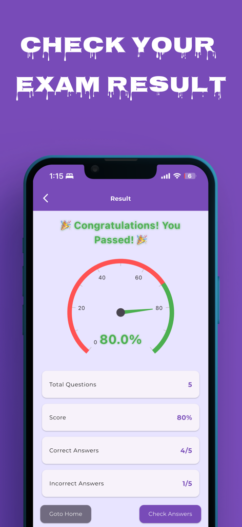 Respiratory Therapist NBRC - Uma tela móvel mostrando uma pontuação de aprovação no exame de 80% com estatísticas detalhadas no aplicativo NBRC para Terapeuta Respiratório.