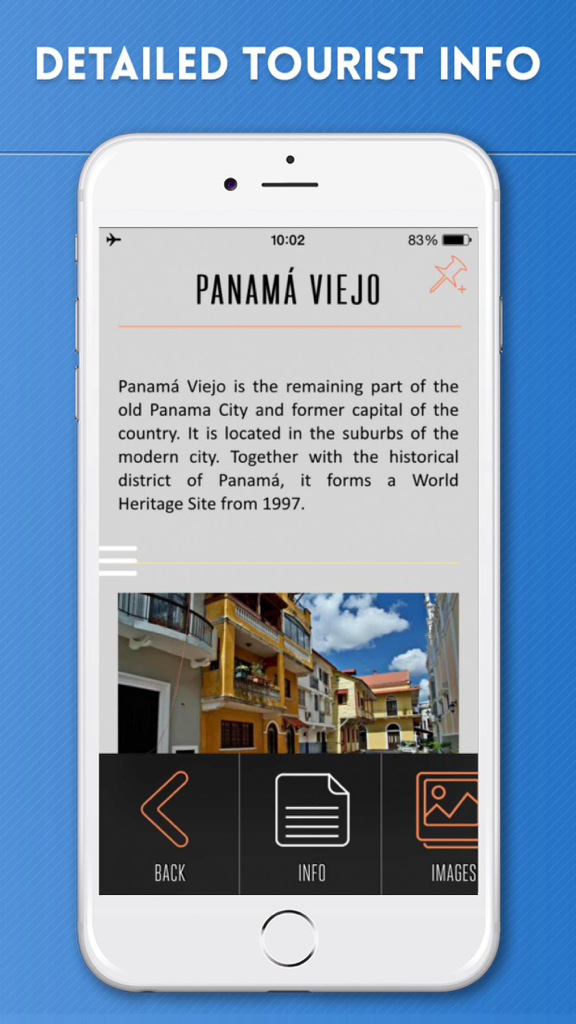 Panamá City Travel Guide with Offline Street Map - A mobile screen showing detailed tourist information about Panama Viejo with historical facts and a photo of the old city.