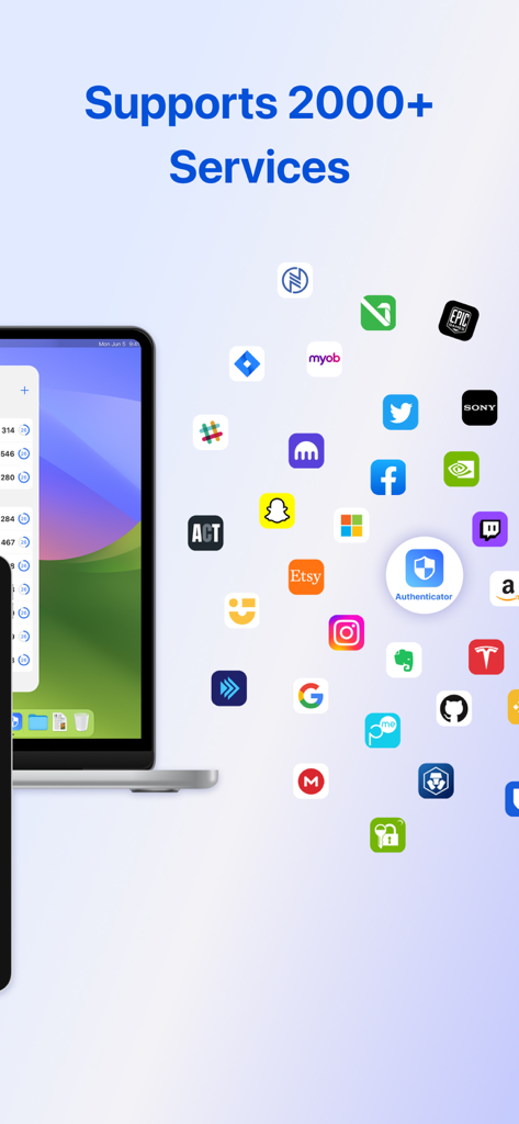 Authenticator App - Authy, 2FA - A graphic showing the Authenticator App supports over 2000 services with various social media and tech company logos