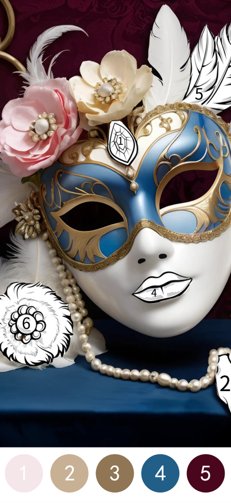 Interface elegante de máscara de baile para colorir por número com flores e pérolas