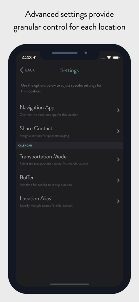 ETA - GPS & maps driving times - Interfaz de configuración avanzada de ubicación en la aplicación ETA que muestra opciones para el modo de transporte de la aplicación de navegación y el tiempo de margen de viaje